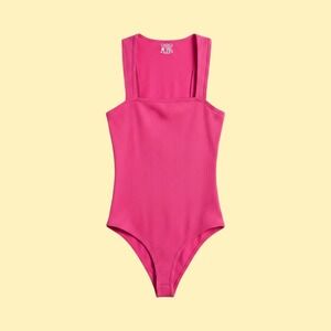 OQQ Women Hot Pink Ribbed Bodysuit Square Neck Sleeveless Tank Large